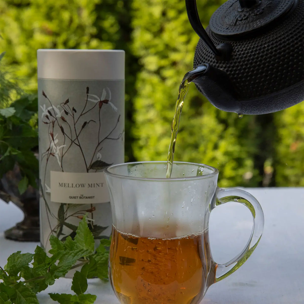 Tea being poured from a black teapot into a glass mug with a tea box labeled 'Mellow Mint' in the background.