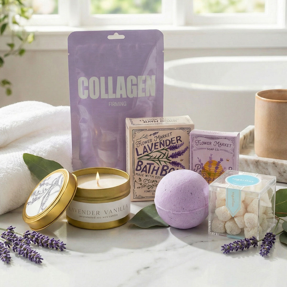 Spa Gift Set lavender candle, bath bomb, firming mask, and sweets in a bathroom setting.