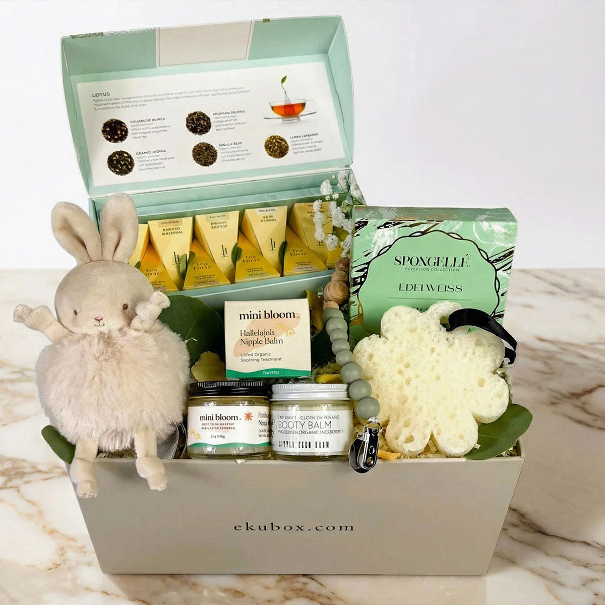 Mommy & Me newborn gift box with organic nipple balm, Tea, Spongellé body wash buffer, plush toy, goat milk baby cream,