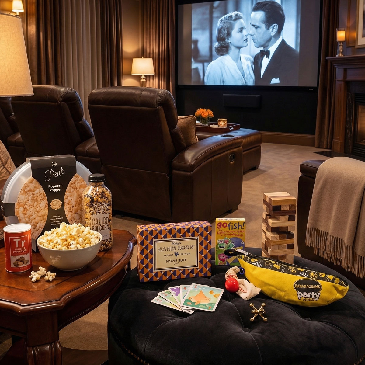 Home theater setup with recliner chairs, popcorn, snacks, and a movie playing on a screen.