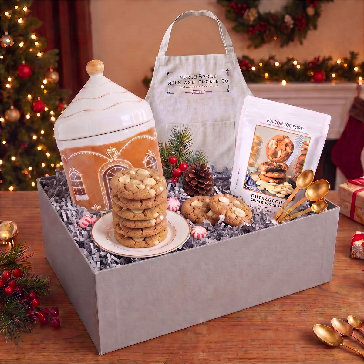 A Christmas-themed gift basket set from North Pole Mix and Cookie Co. featuring a gray box filled with a gingerbread-themed cookie jar, assorted cookies, a white apron, and a bag of gourmet chocolate chip cookies, styled on a wooden table with holiday decorations.