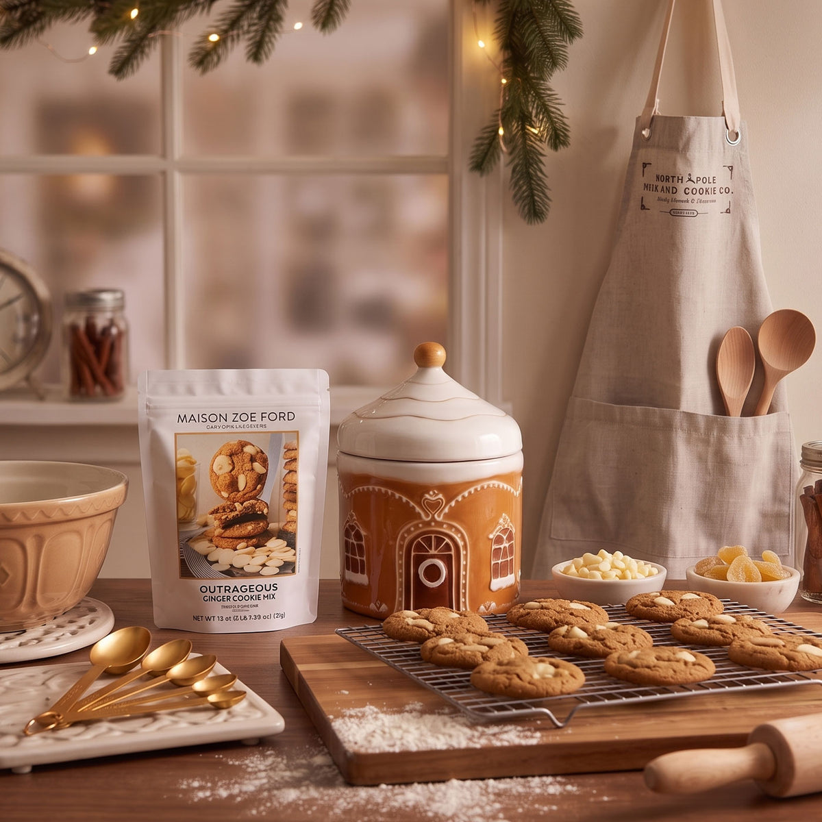 Maison Zoe Ford gingerbread-themed cookie jar and matching stand-up pouch displayed on a rustic kitchen counter alongside cookies on a wire rack, gold spoons, bowls, and a beige apron with the Maison Zoe Ford logo.