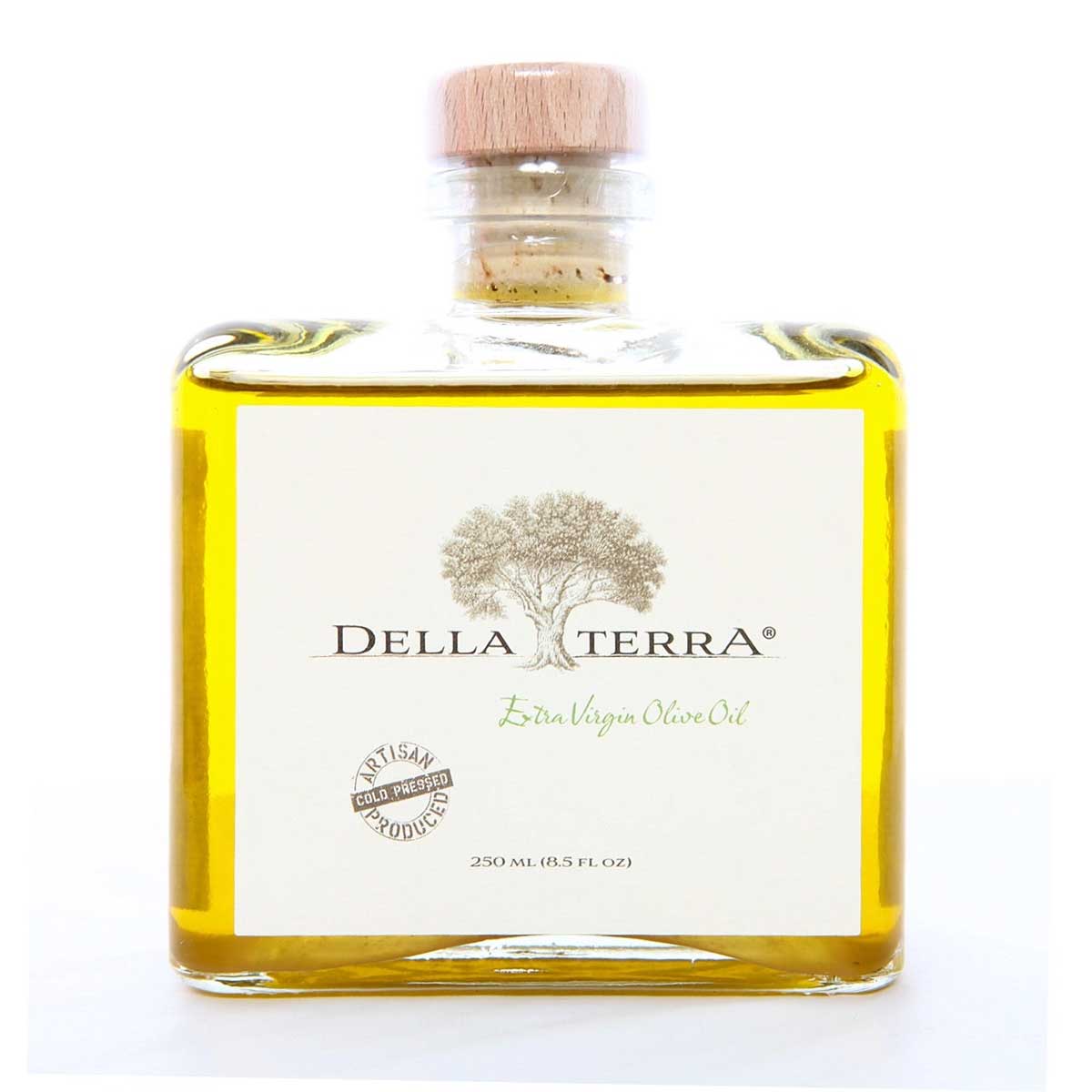 Bottle of Della Terra extra virgin olive oil with a cork lid on a white background