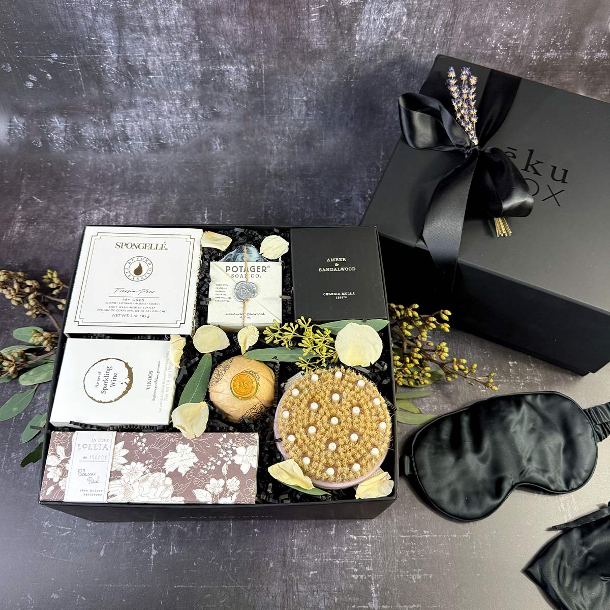 Pampered Spa Gift Set - bath and body gift set by ekuBOX with optional 100% Silk Eye Mask.