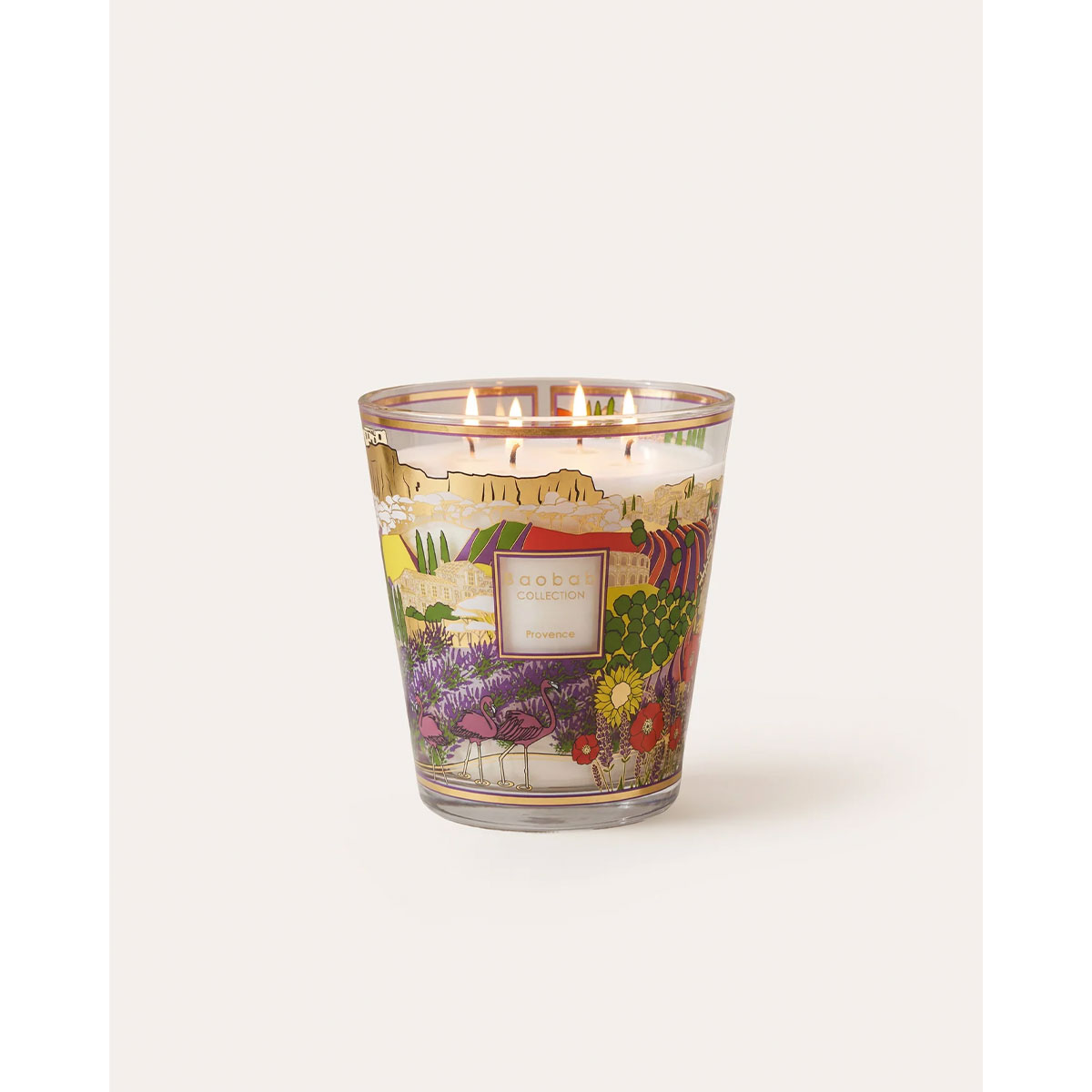Baobab Provence candle in a glass vessel with French countryside design on a white background