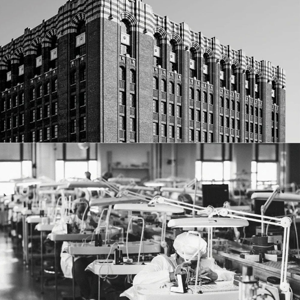 Vintage black and white photo of Shinola's industrial building with a checkered pattern. Bottom image: Interior of the Shinola factory.