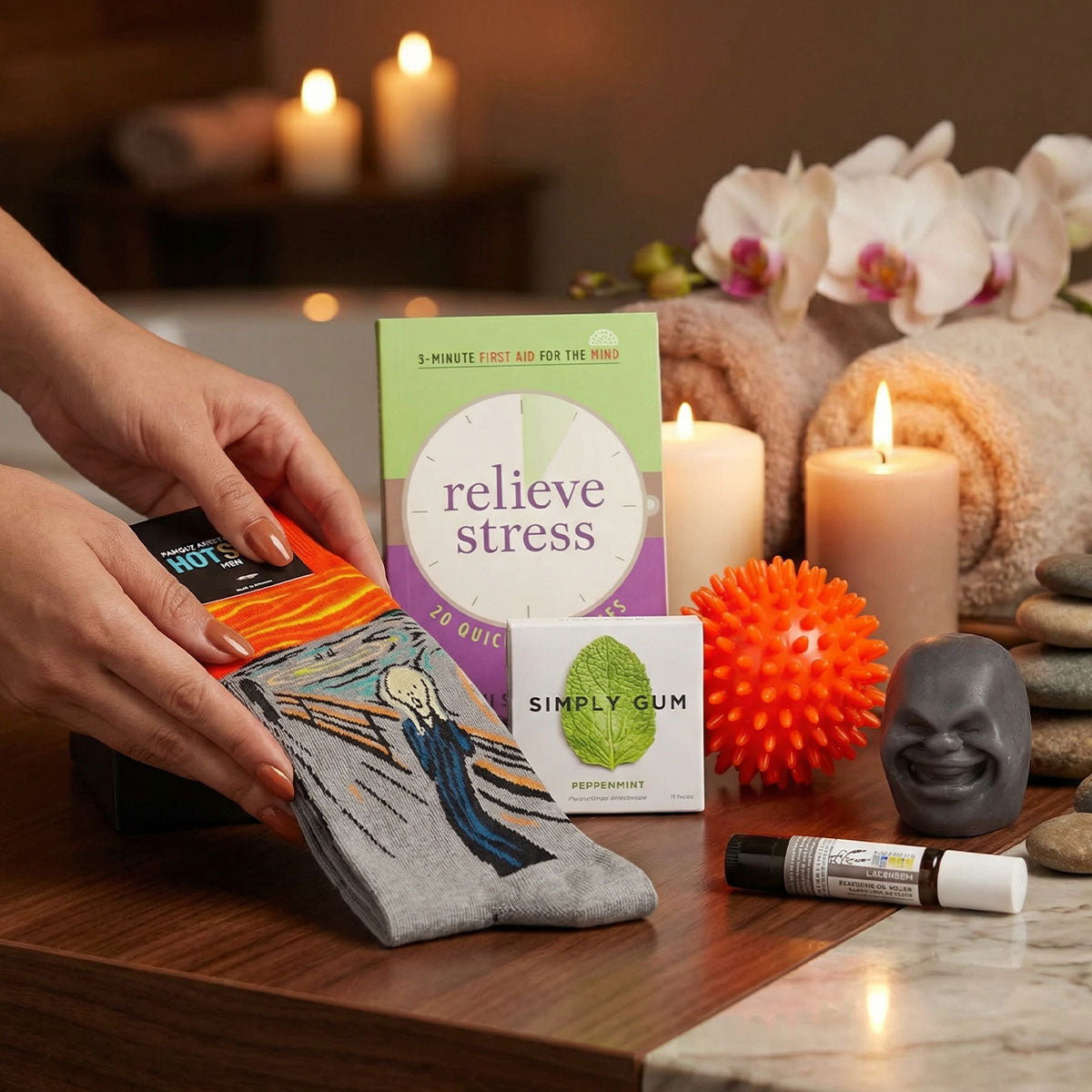 Person holding a pair of socks with candles, flowers, and relaxation items on a table.
