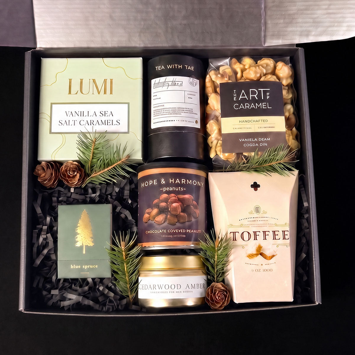 A curated gift box of gourmet snacks and tea, featuring a box of vanilla sea salt caramels, chocolate coated peanuts, caramel candies, a bag of toffee, and a tea canister, arranged in black shredded paper with pine branches and pinecones.