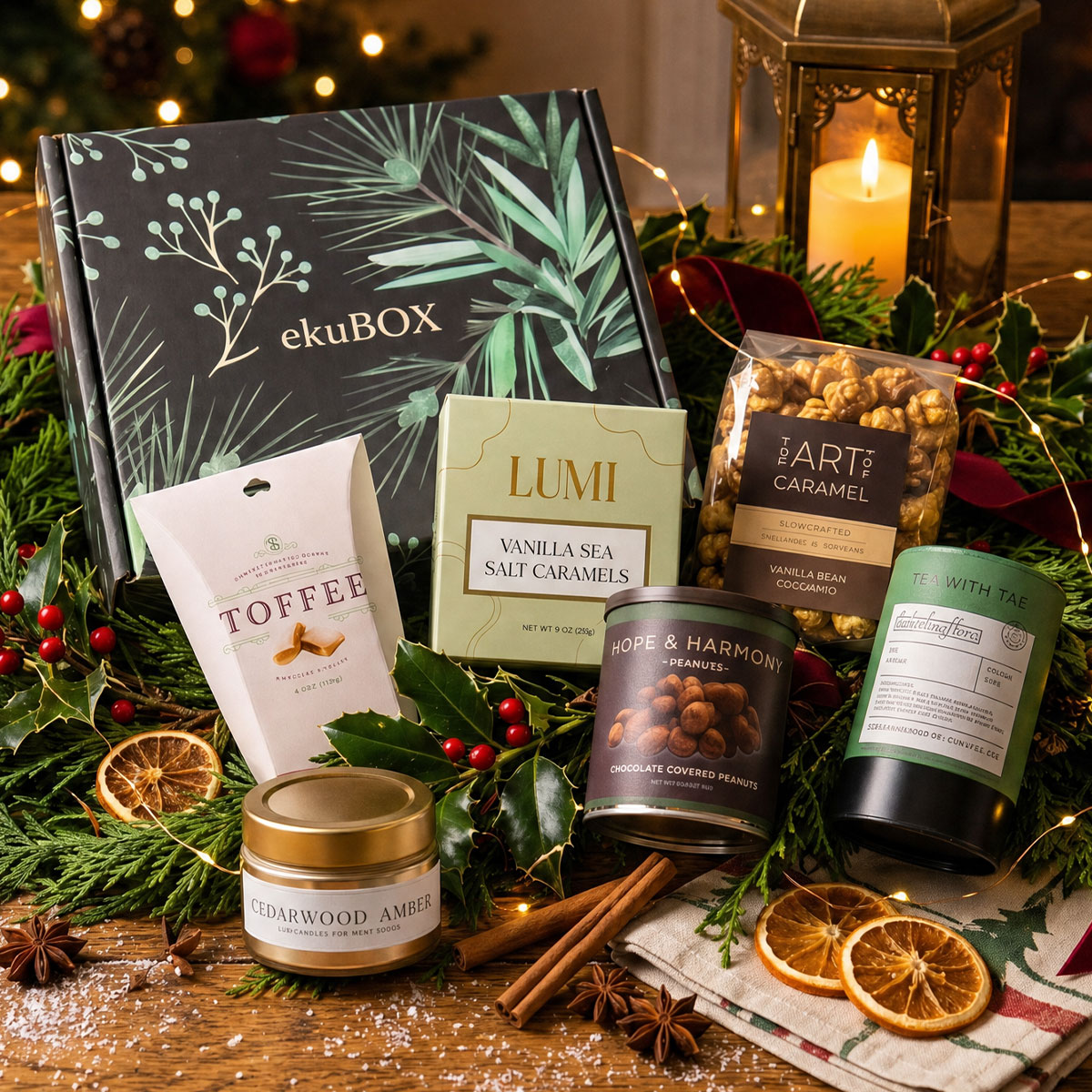 A festive gift arrangement on a wooden table featuring an ekuBOX box mailer, a bag of toffee, a box of vanilla sea salt caramels, a jar of cedarwood amber, a tin of chocolate peanuts, surrounded by holly, cinnamon sticks, star anise, dried orange slices, and a lit candle in a lantern.