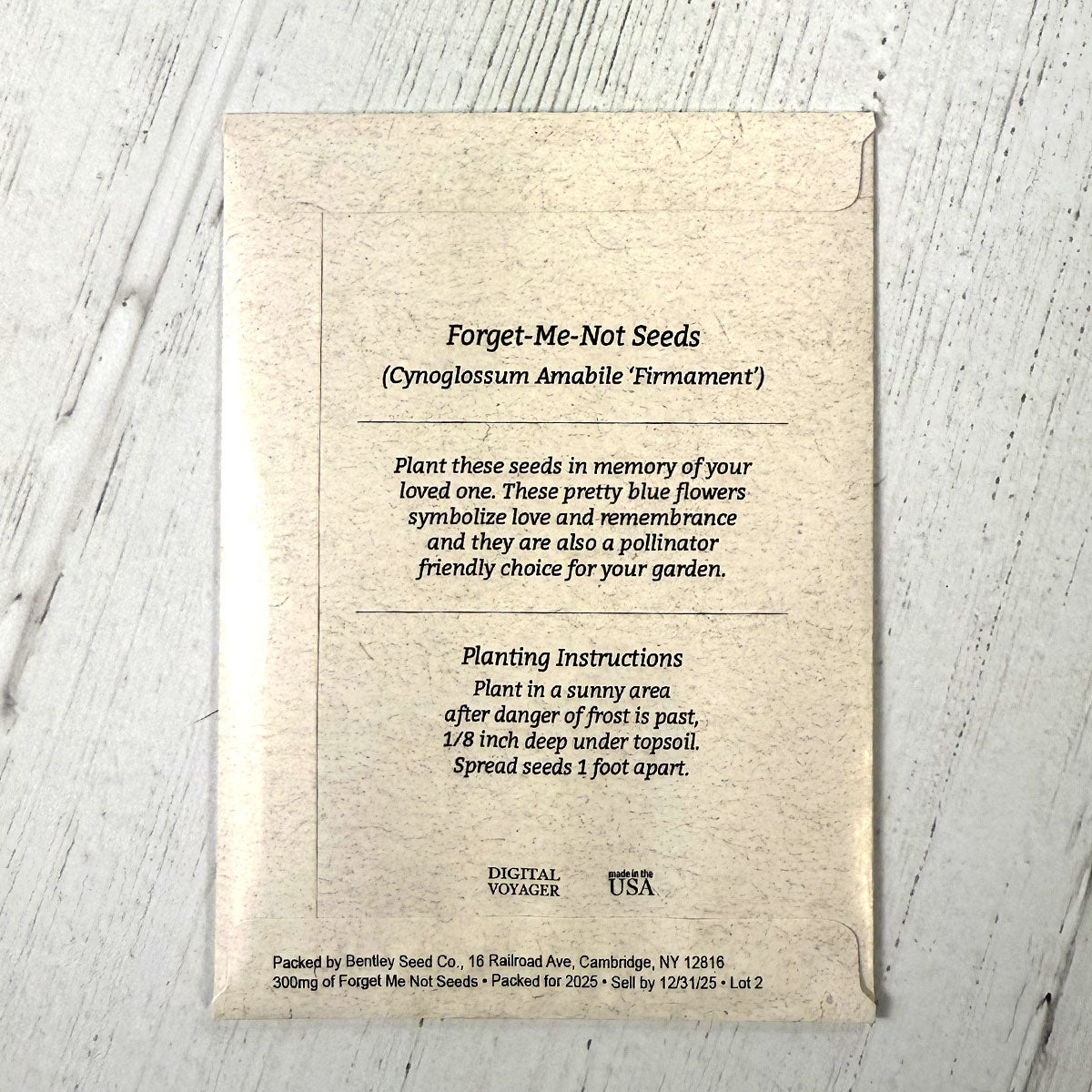 Sympathy Forget Me Not Seeds with a sympathy message back view