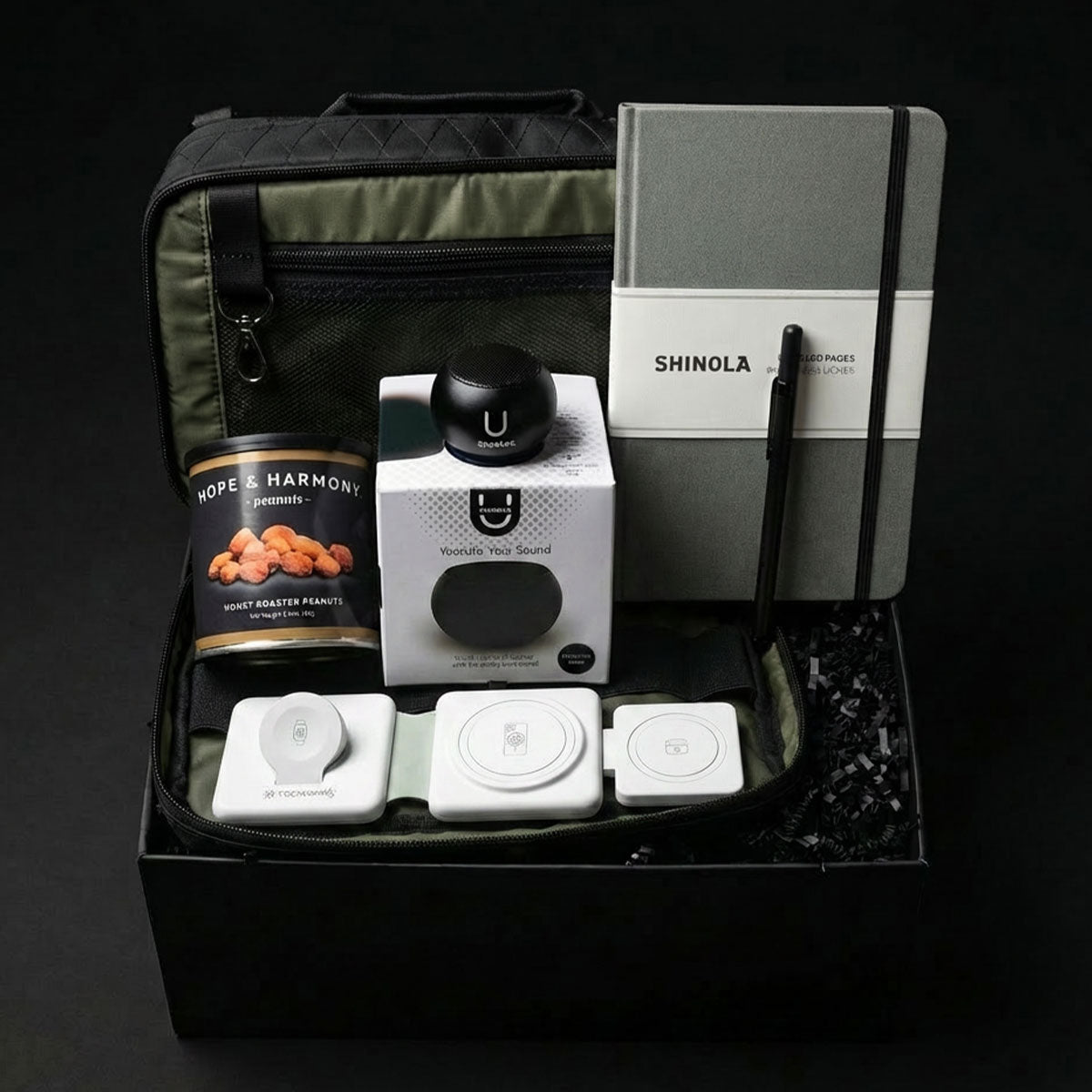 a tech gift box including a Shinola pen, notebook, a black NASA-tested tech bag, a 3 way charger, a mini speaker and a can of roasted peanuts.