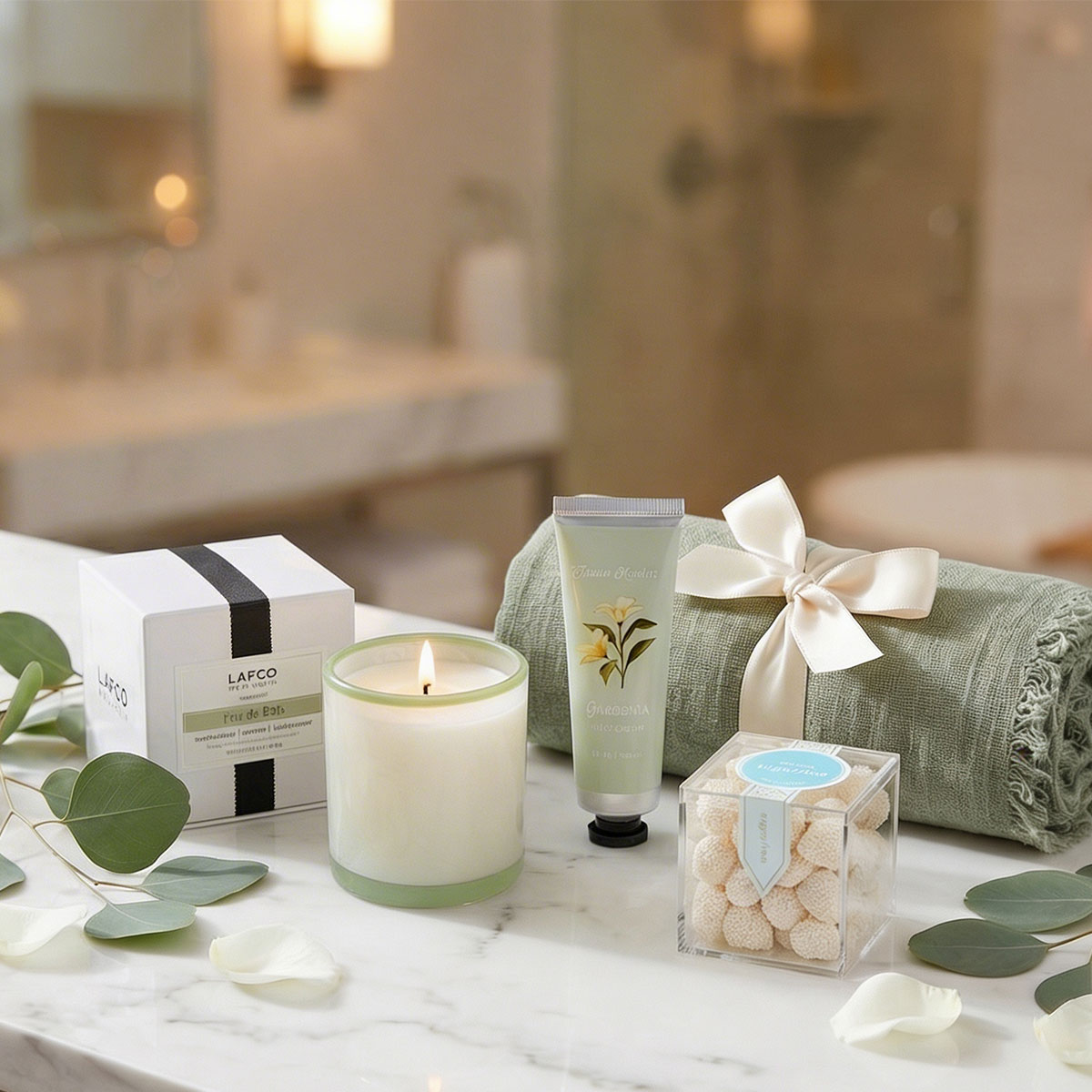 Bathroom setting with boho scarf, Lafco votive candle, gardenia hand cream, and champagne candy arranged in an elegant counter
