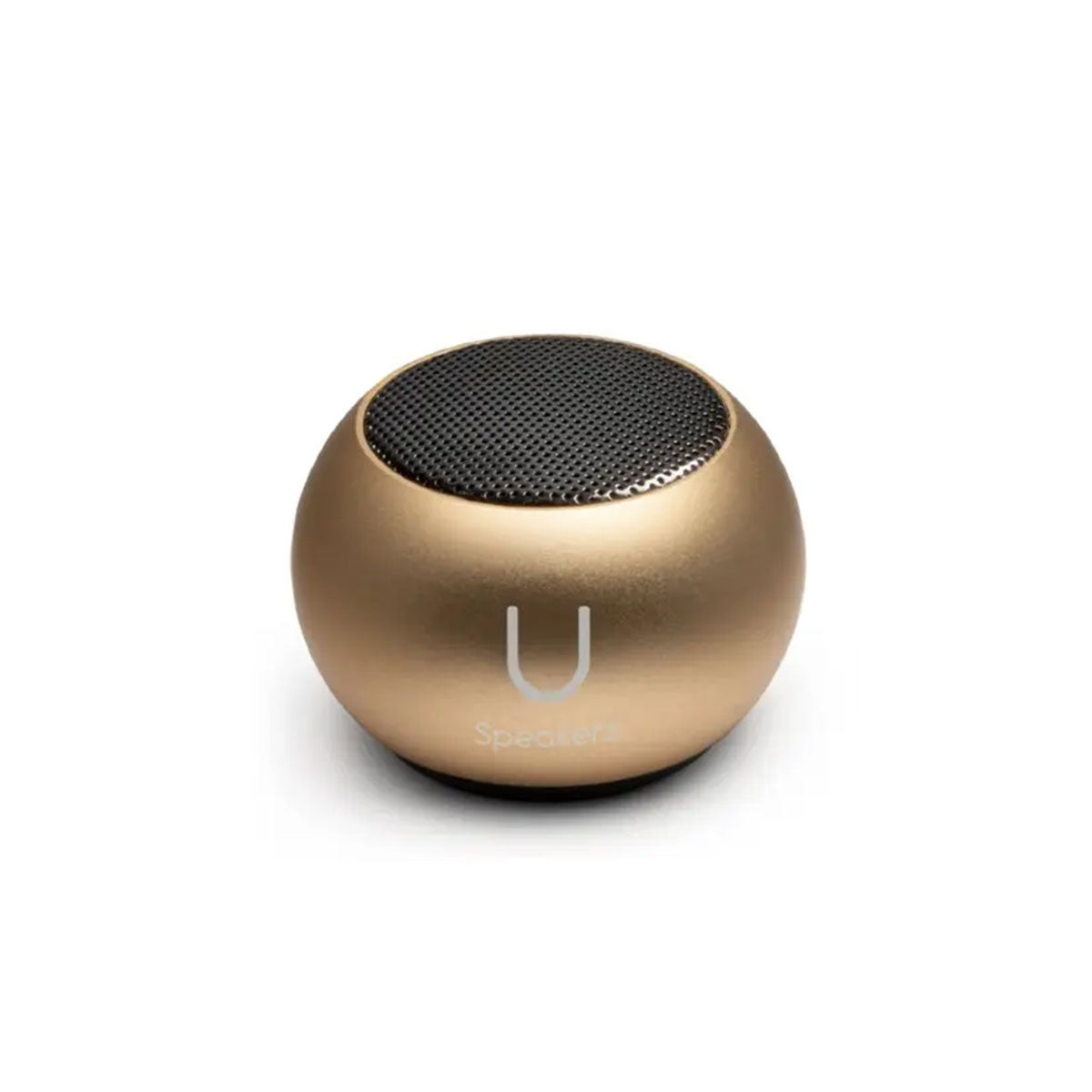 Gold portable U Mini speaker with a black grille on a white background