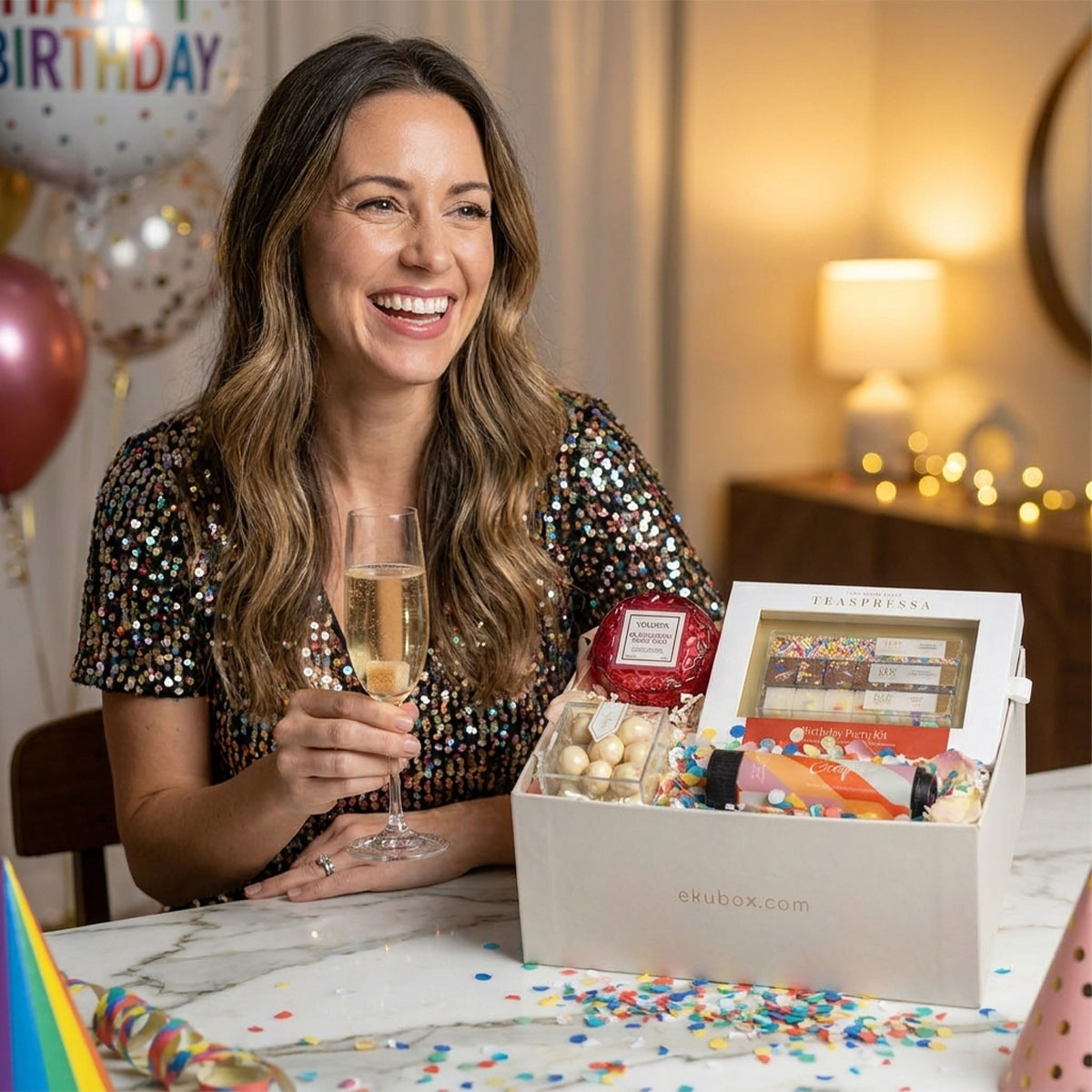 Woman celebrating a birthday with and ekubox birthday celebration box and a glass of champagne.