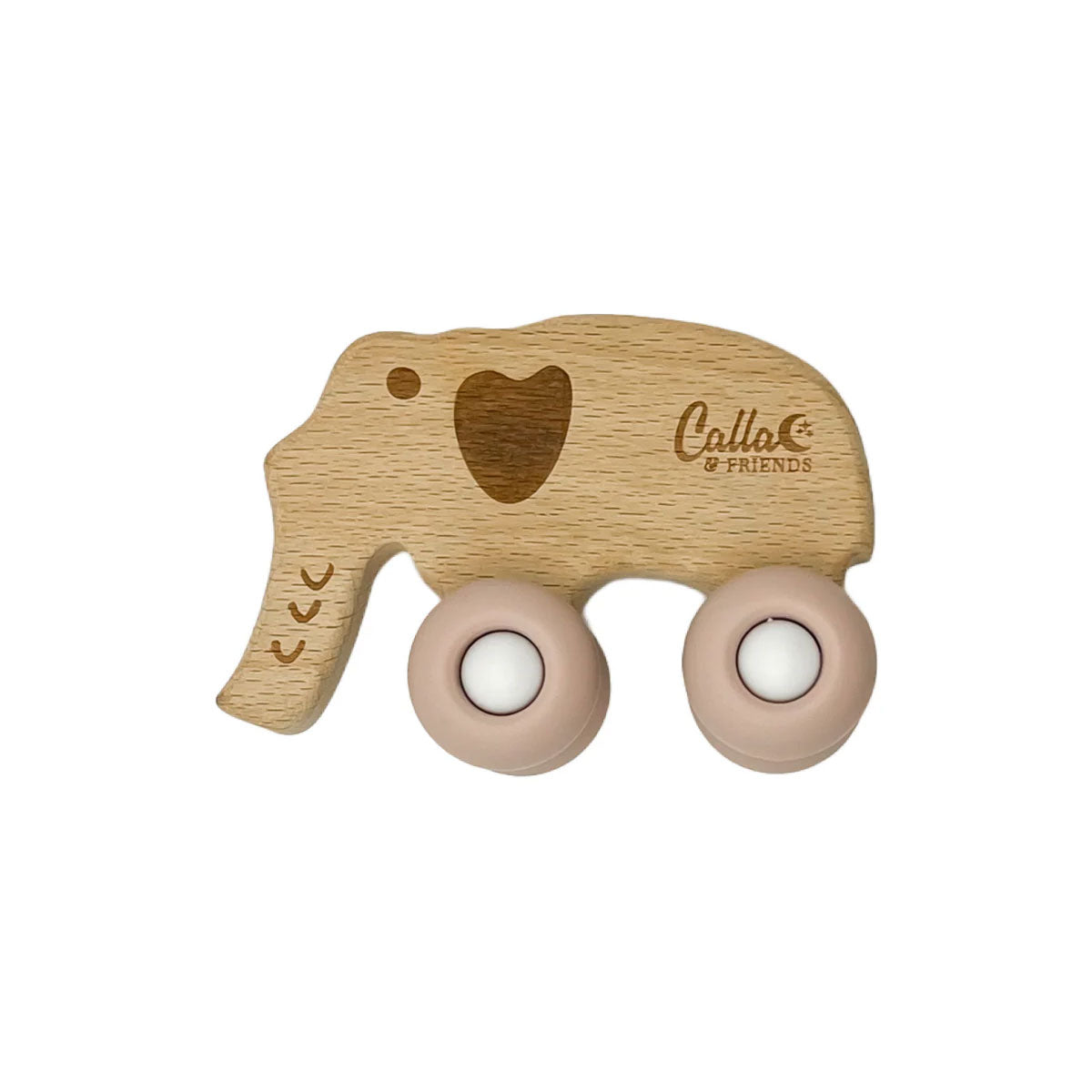 Wooden elephant toy with wheels on a white background