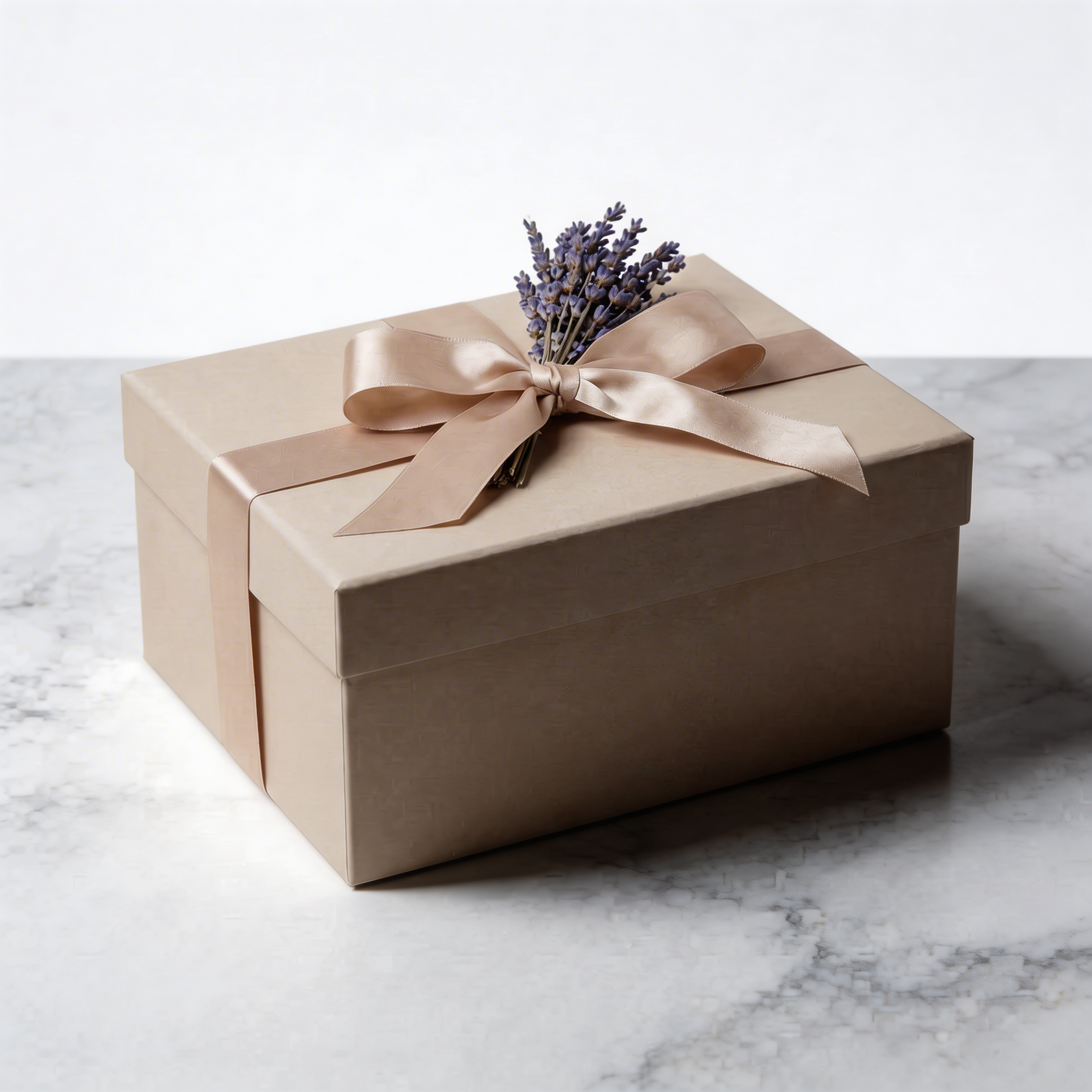 Silk ribbon, dried lavender sprig, and pewter-toned ekuBOX luxury gift packaging detail