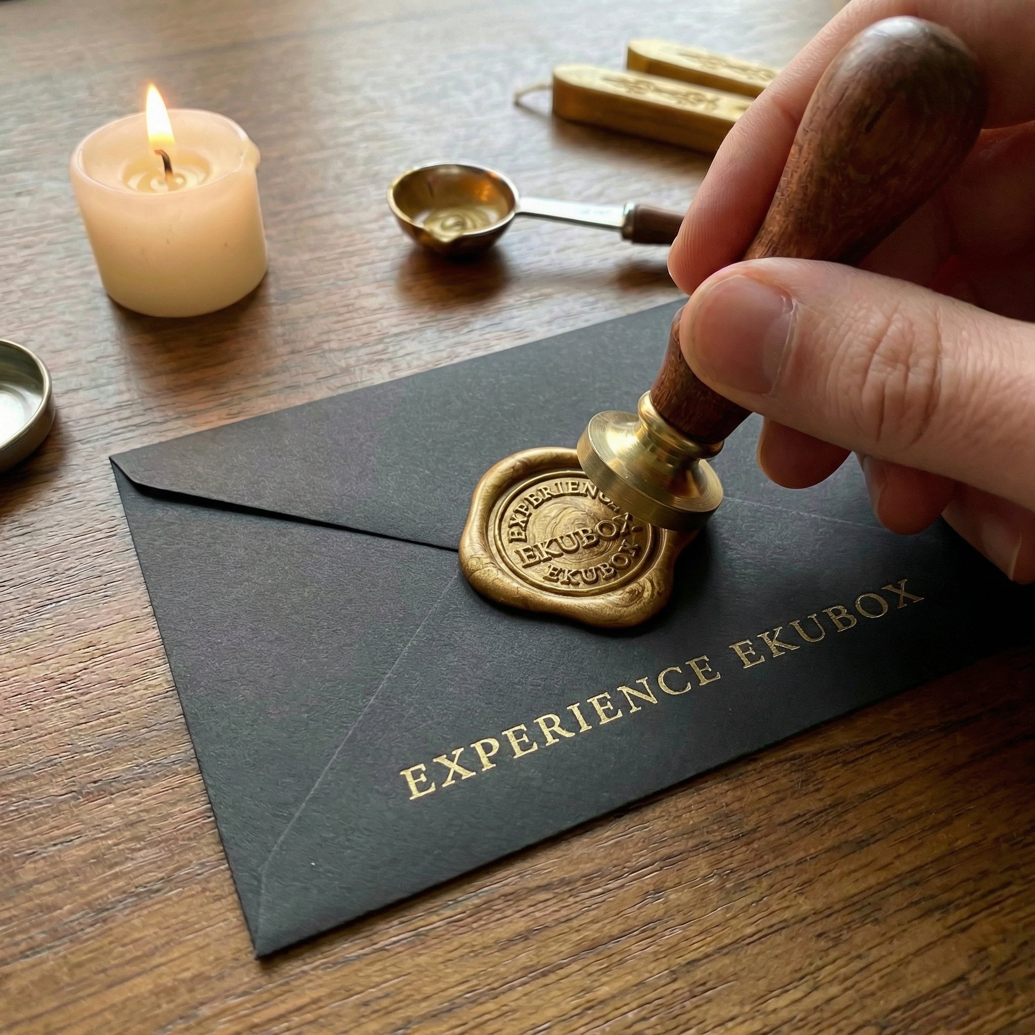 Black envelope with gold ekuBOX wax seal on a dark surface, representing luxury handwritten notes for corporate gifting.