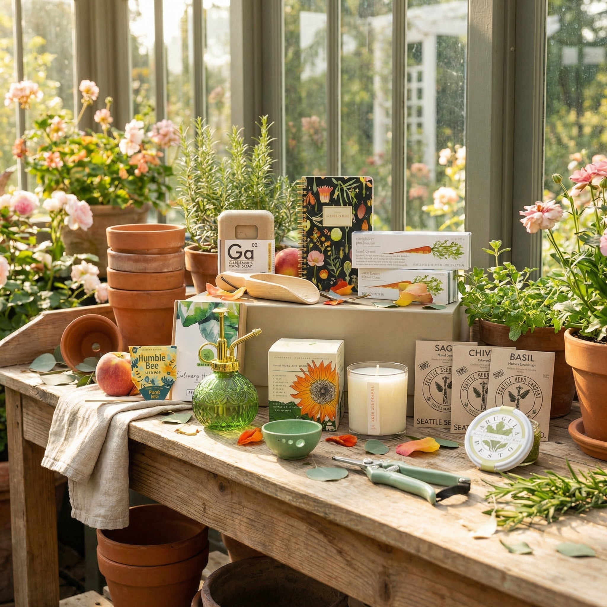 Greenhouse workbench styled with ekuBOX garden gift box contents including a candle, seeds, pruning shears, pesto, and self-care items.