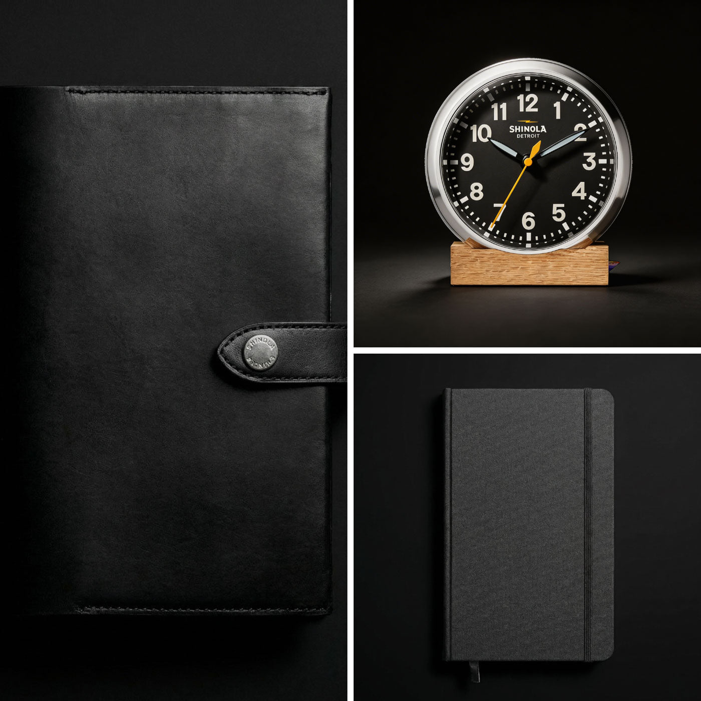 Shinola collection - notebook, leather notebook cover and desk clock. 