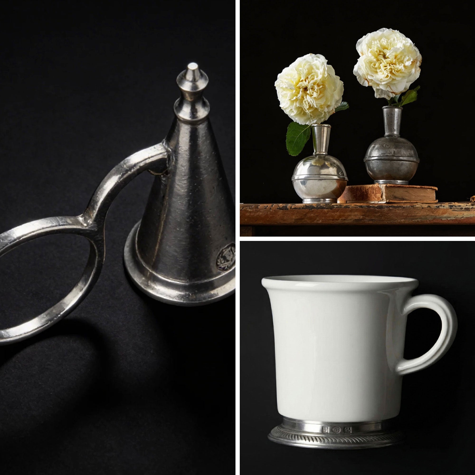 Handcrafted Italian pewter candle holder with snuffer, part of our Match collection