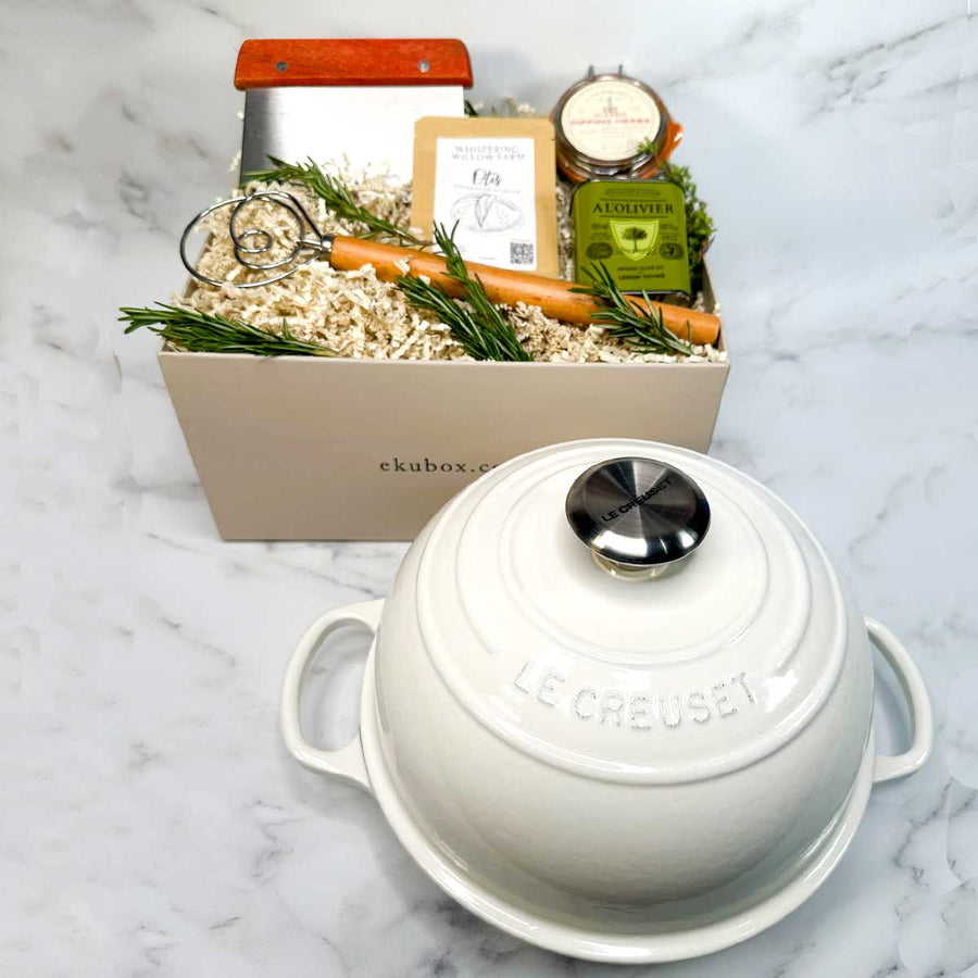 Le Creuset Bread Oven gift set with danish whisk, sourdough starter and more = ekuBOX.