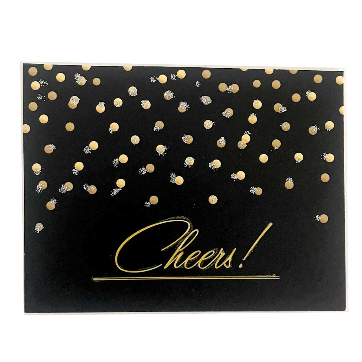 cheers gift card choice with gold cheers and gold dots on black background - gift card choice