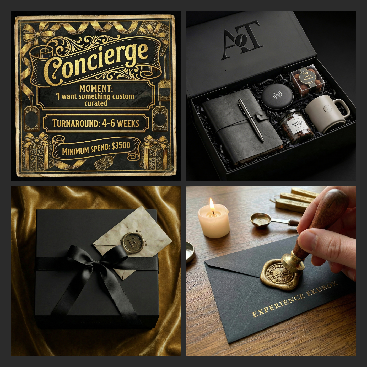 Collage of luxury products for corporate Concierge gifting, leather gift set, black gift box with ribbon, and baobob candle.