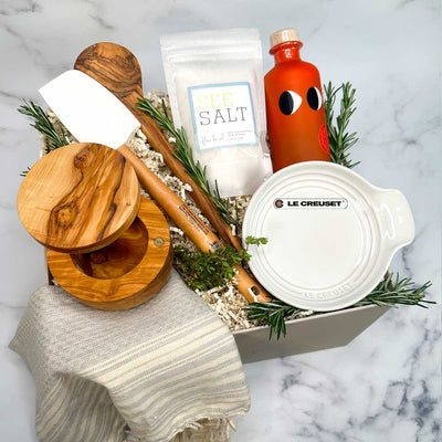 Gourmet Kitchen Essentials Gift Box with YaiYai and Friends Chili Extra Virgin Olive Oil featuring Le Creuset at ekuBOX. Perfect for any kitchen.