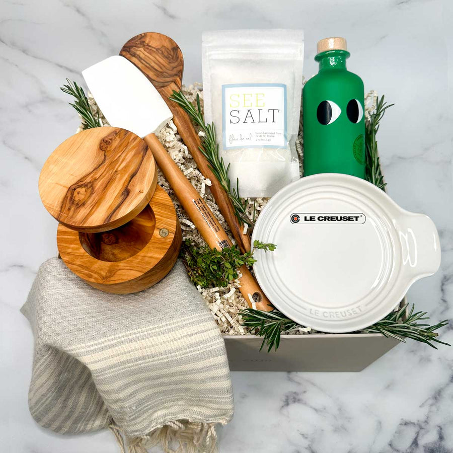 Gourmet Kitchen Essentials Gift Box with YiaYia's Basil Extra Virgin Olive Oil- featuring Le Creuset at ekuBOX. Perfect for any kitchen.