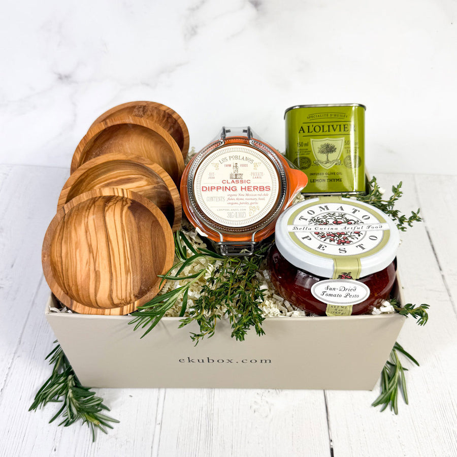 Gourmet Olive Oil Dipping Set  with four olive wood dipping bowls - shop gourmet gift baskets | ekuBOX