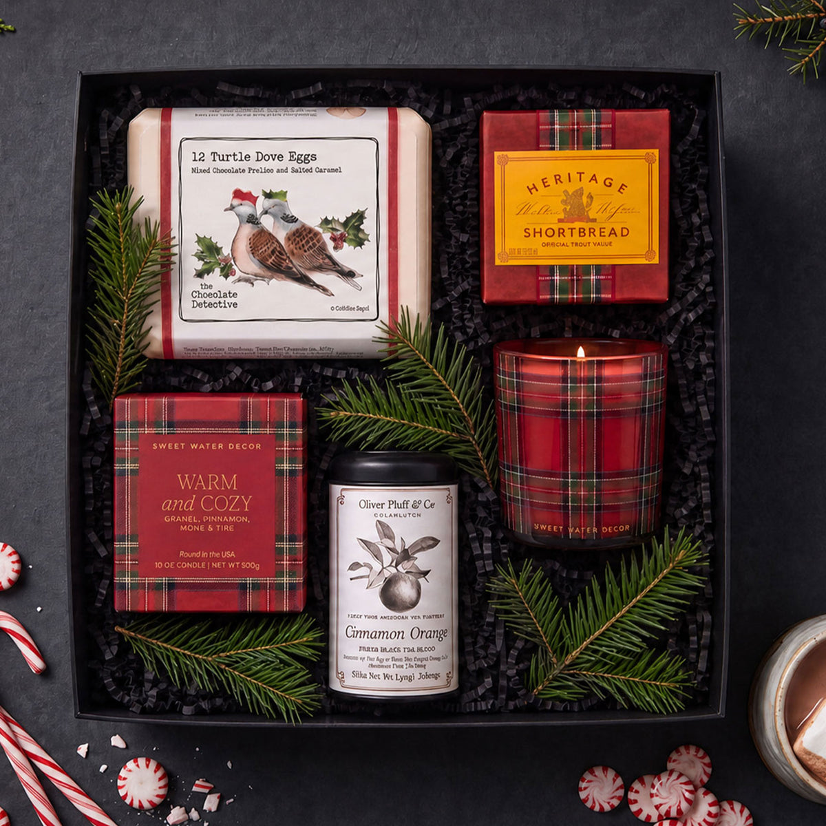 ekuBOX Heritage corporate holiday gift box featuring a tartan candle, orange spice tea, handmade shortbread, and chocolate eggs.