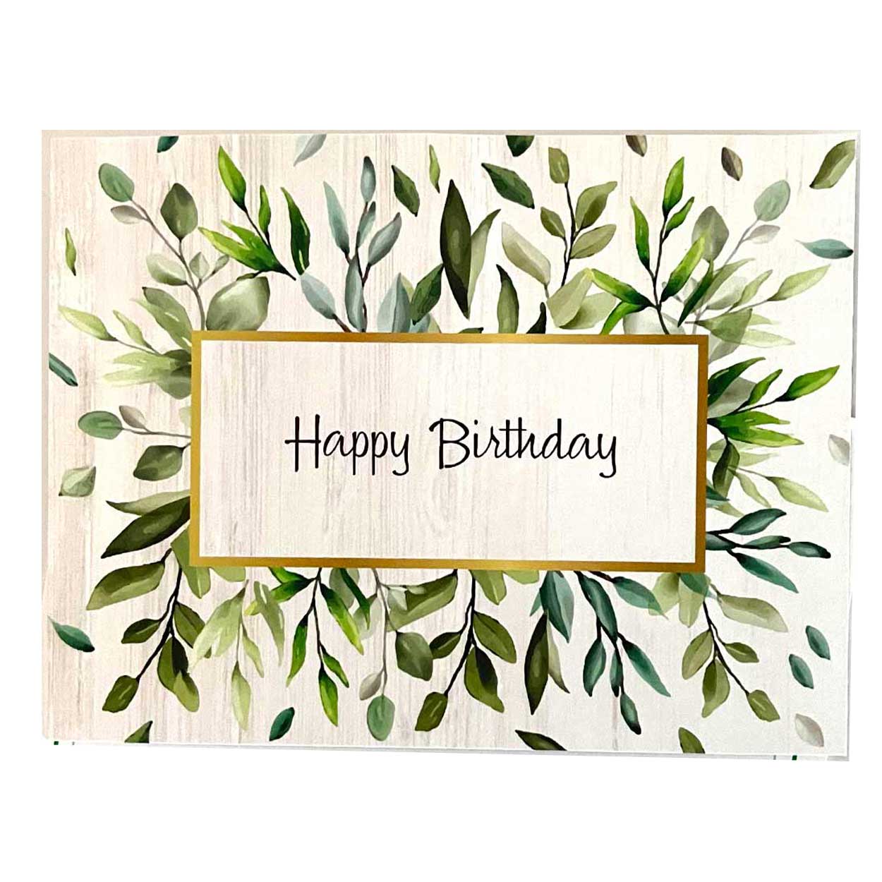 happy birthday gift card with green leaves on a white background card choice