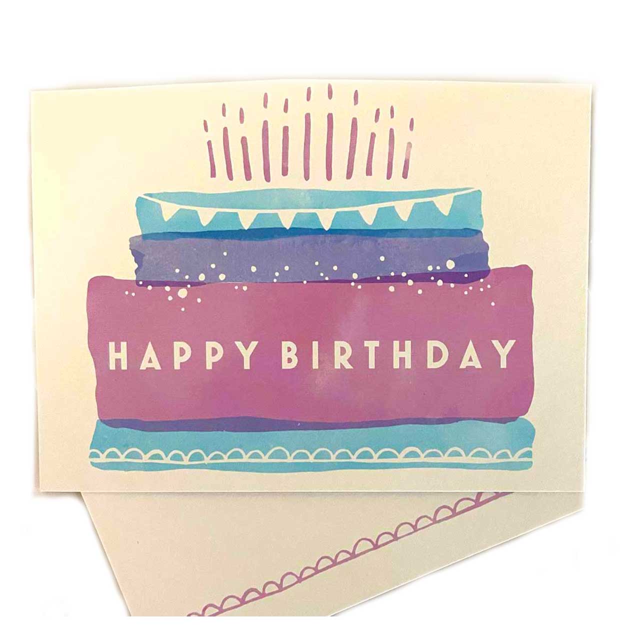 happy birthday card - blue and purple layered cake with candles on it on a white back ground card choice