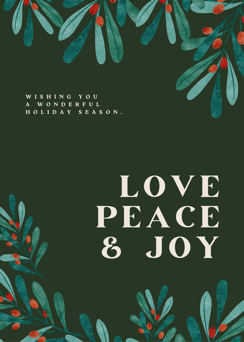 love peace card with green background and green leaves with red berries