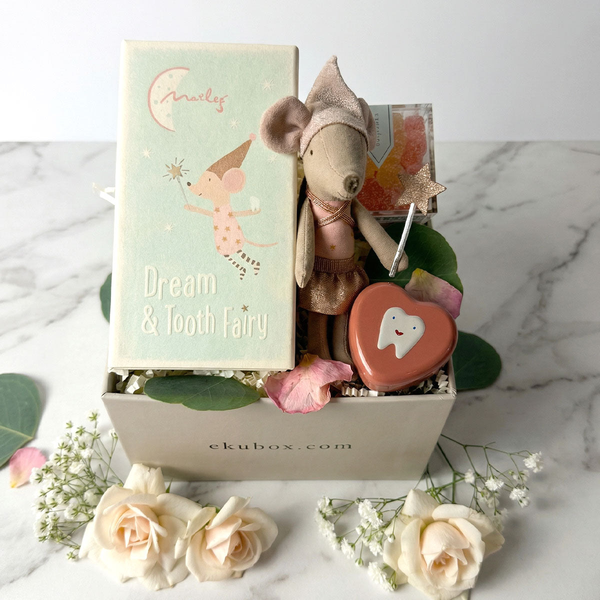 Maileg Tooth Fairy Big Sister Mouse in tutu and hat with sparkly tooth backpack and gift box.