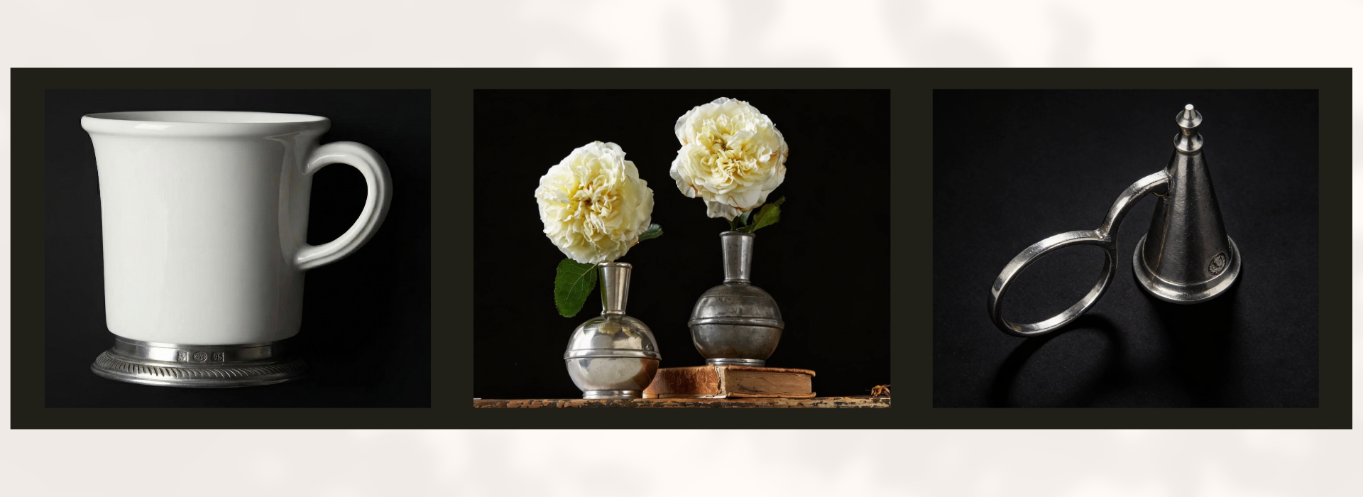 Match pewter collection with a snuffer, cup, and bud vases on a black background.