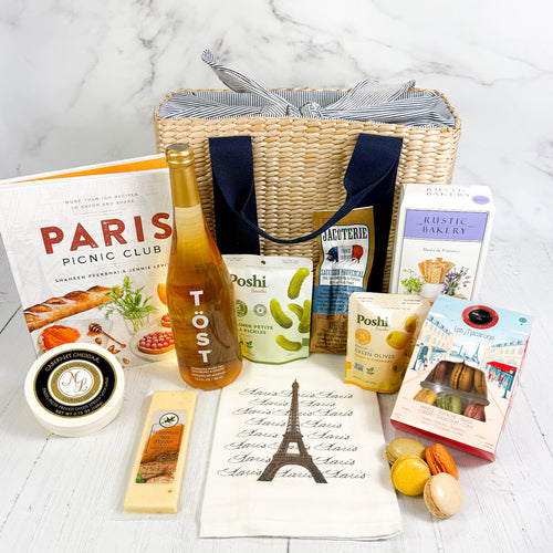 Parisian Picnic Basket Gift Box - Filled with French/ French inspired Gourmet Food and Sparkling non-alcholic beverage | ekuBOX
