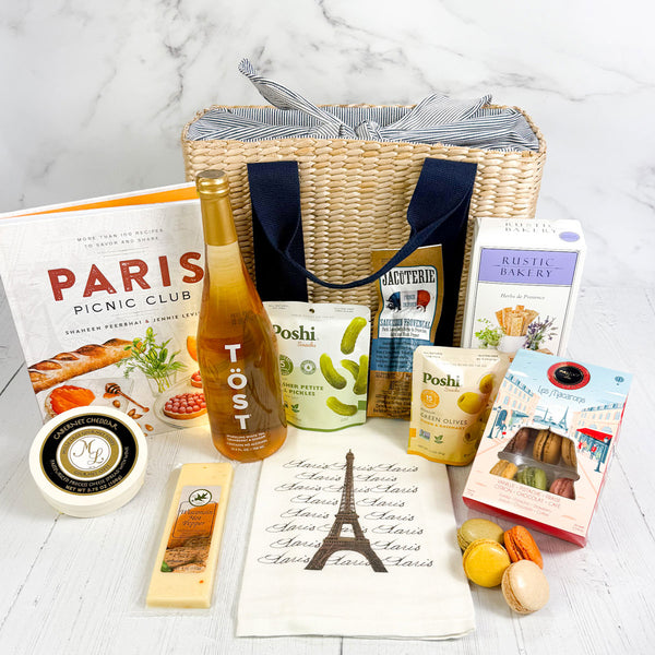 Parisian Picnic Basket Gift Box - Filled with French/ French inspired Gourmet Food and Sparkling non-alcholic beverage | ekuBOX
