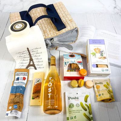 Parisian Picnic Basket Gift Box - Filled with French/ French inspired Gourmet Food - Filled with macarons, sausage, cheese and more | ekuBOX
