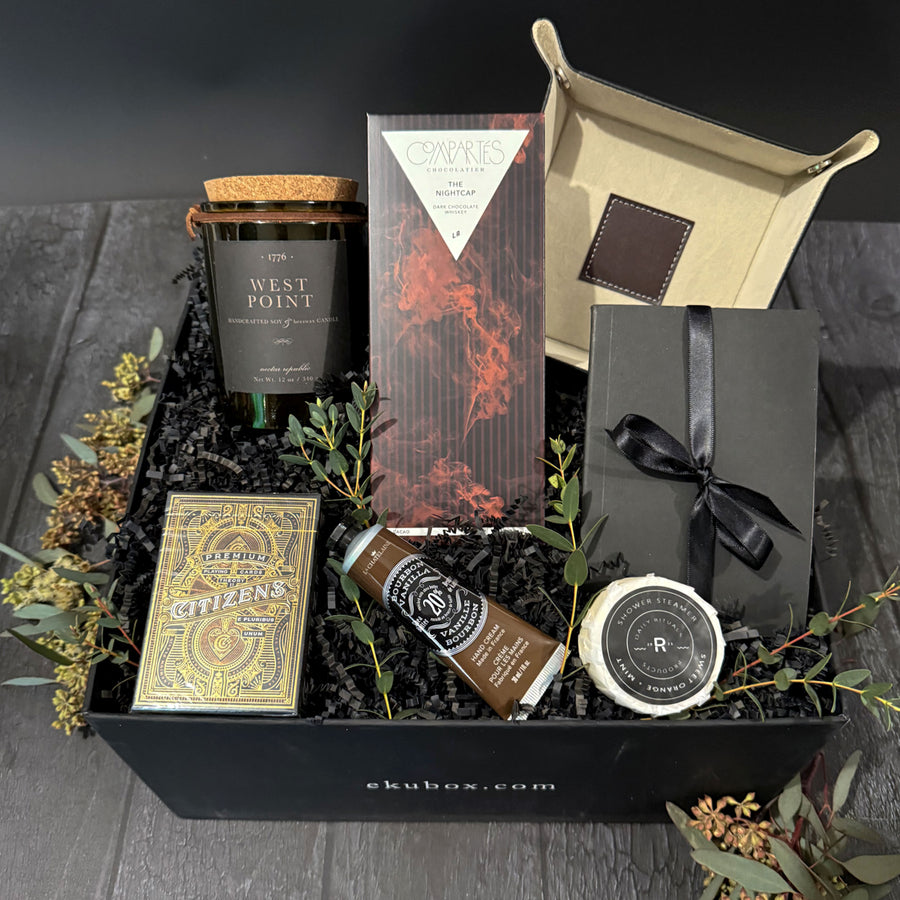 rugged and refined mens gift box with West Point candle and  citizen playing cards | ekubox