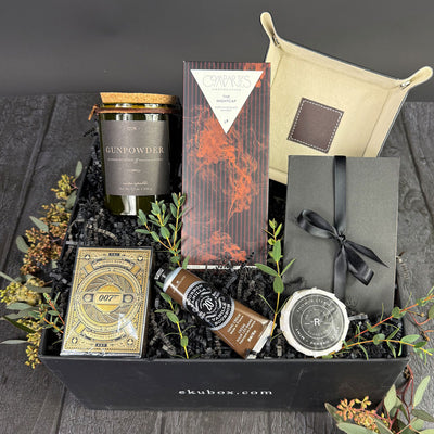 rugged and refined mens gift box with gunpowder candle and james bond 007 playing cards | ekubox