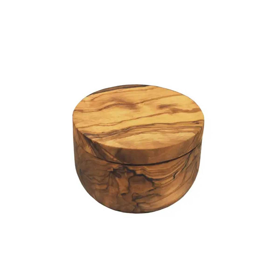 Olive Wood Salt Cellar with magnetic closing lid featured in the Gourmet Kitchen Essentials Set - ekuBOX 