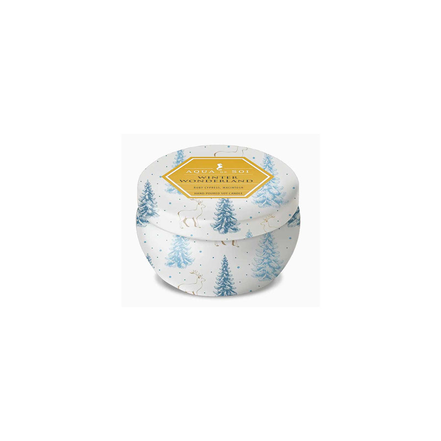 Candle in a decorative tin with a winter forest design on a white background