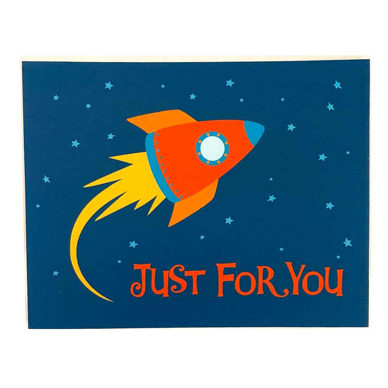 just for you gift card in blue with blue stars and a rocket in orange and yellow