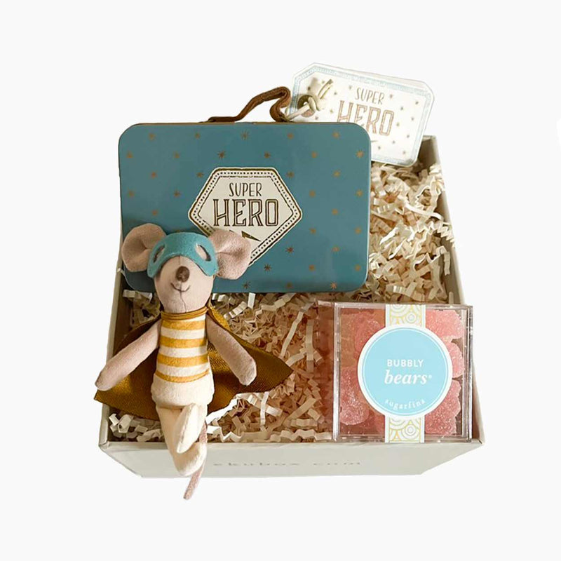 Superhero Big Brother Mouse by Maileg gift box. Send superhero mouse gift box. Send curated gift boxes to friends and family. Maileg mouse gift box.