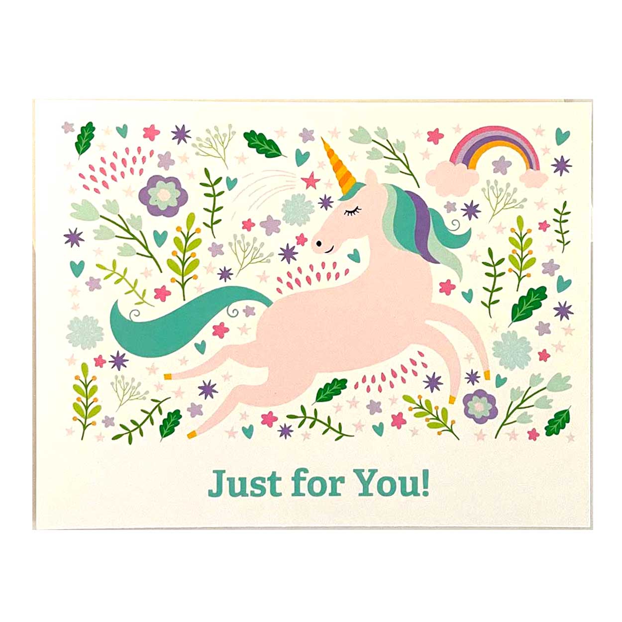 just for you gift card choice with flowers, leaves and a pink unicorn and rainbow