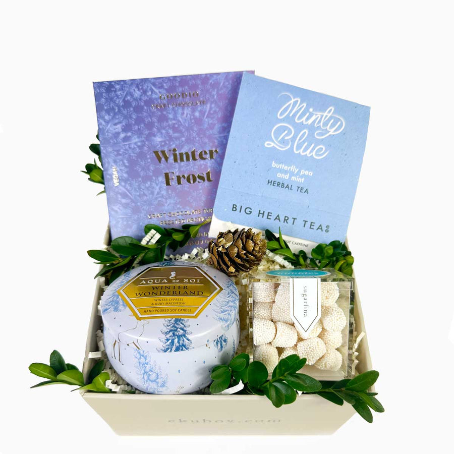 Winter Frost gift box with Goodio Chocolate, Tea for two, Winter wonderland candle and Sugarfina champagne gummies - ekuBOX