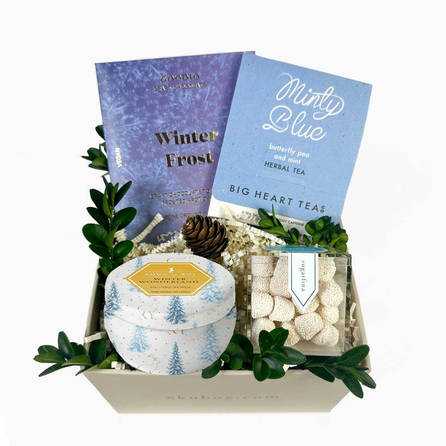 Winter Frost gift box with Goodio Chocolate, Tea for two, Winter wonderland candle and Sugarfina champagne gummies - ekuBOX