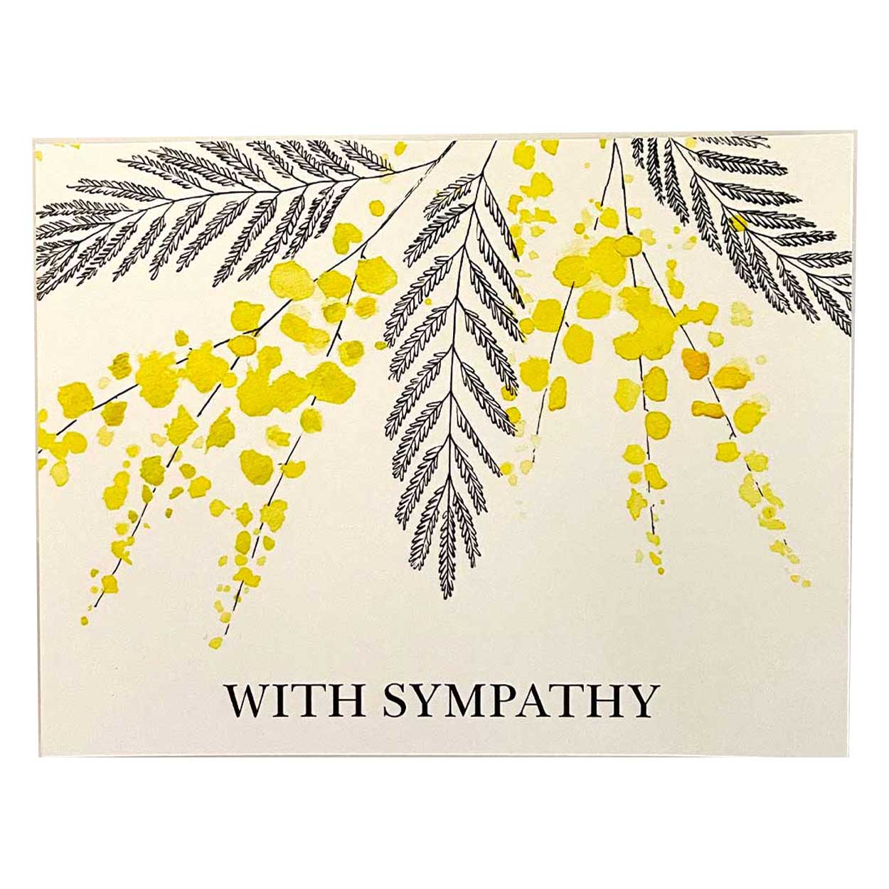 sympathy card choice white background with grey leaves and small yellow orchid flowers