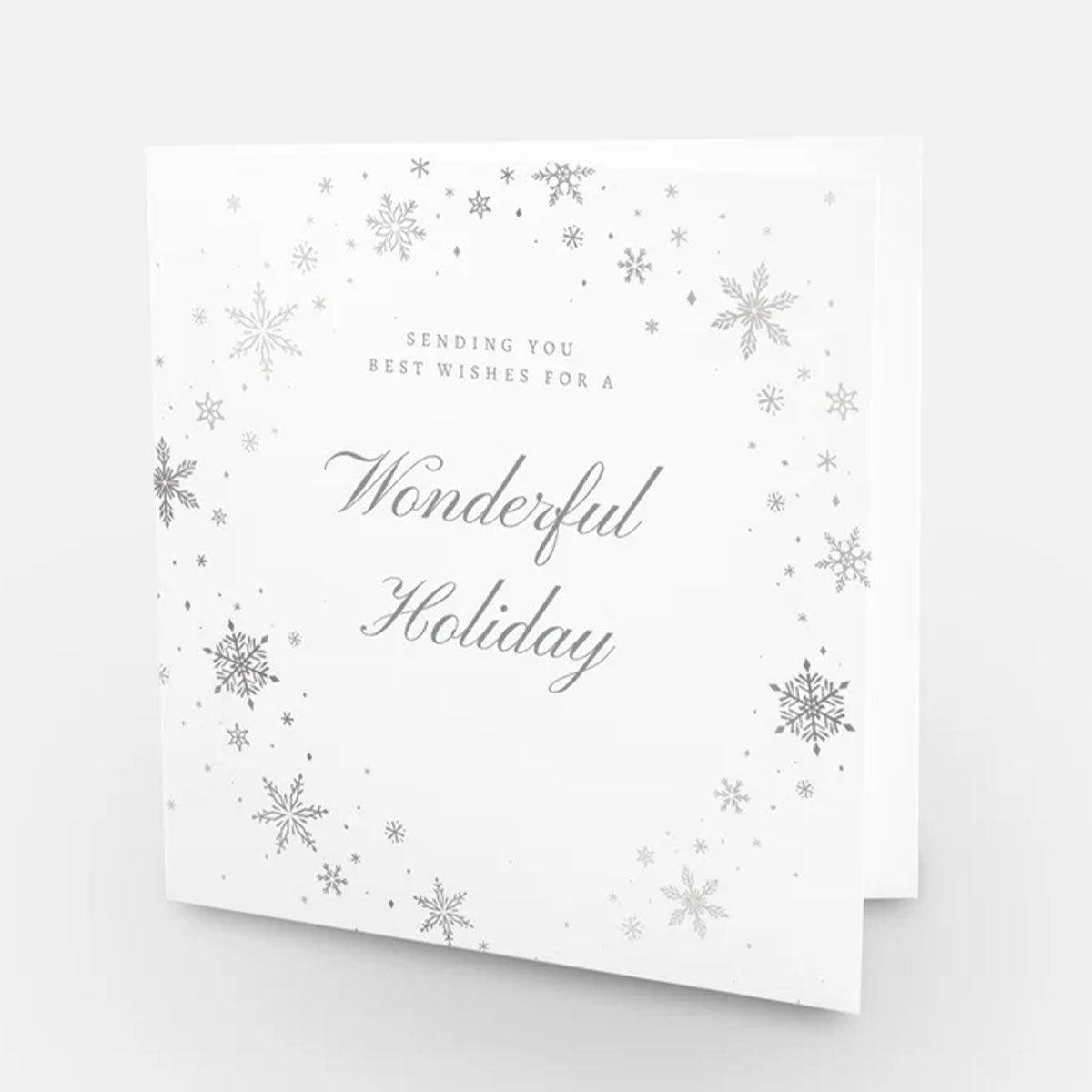 Sending you best wishes for a Wonderful Holiday card in white with grey snowflakes all around it.
